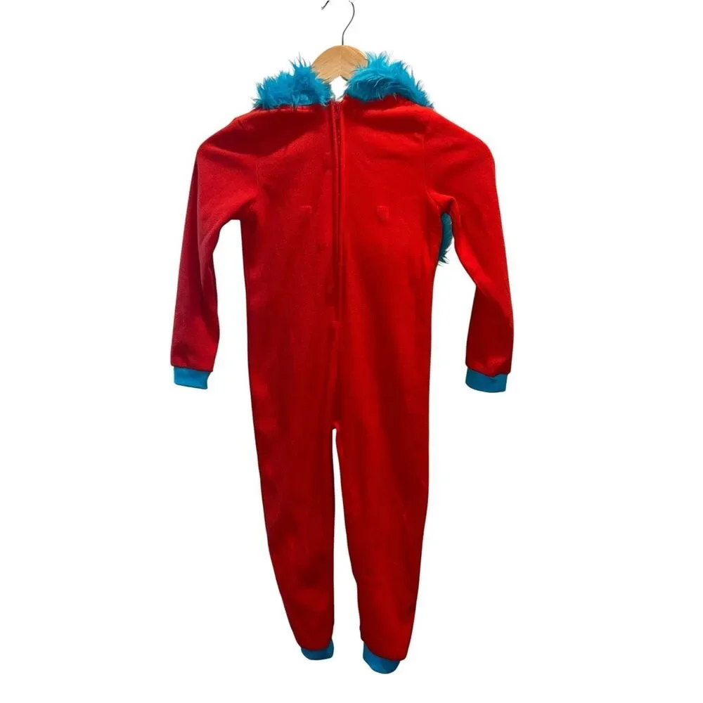 Dr. Seuss Thing 1 Kids Hooded Costume One Piece Plush Fleece Pajamas Red Blue
